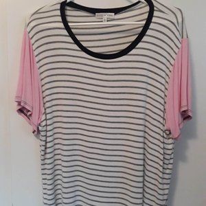Fitz + Eddi Black & White Striped Womens Tee Shirt with Pink Sleeves Size L